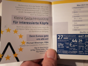 „EU in der Tasche“ – die 36-seitige Broschüre mit wichtigen Informationen zur Europäischen Union steht als digitale Version zum Nachlesen zur Verfügung.